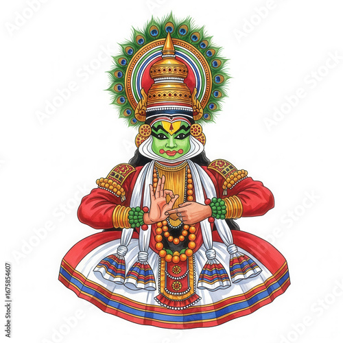 A female deity-like figure in a traditional Onam costume, with a painted face and ornate headdress.