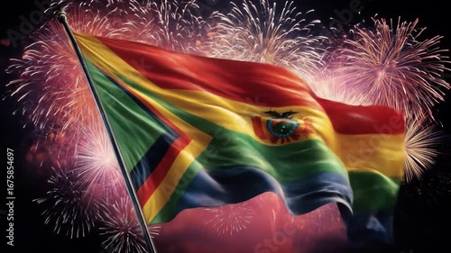 A vibrant national flag billows proudly against a spectacular fireworks display.