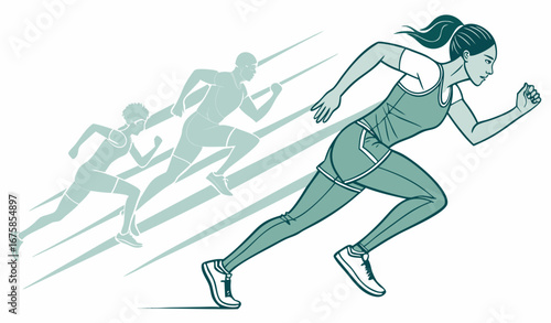 Concentrated, focused and competitive woman, running athlete in motion, practicing. Champion growing speed. Creative collage. Concept of sport, game, competition, tournament. Minimal poster