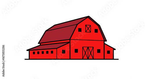 Classic Red Gambrel Roof Barn Illustration.