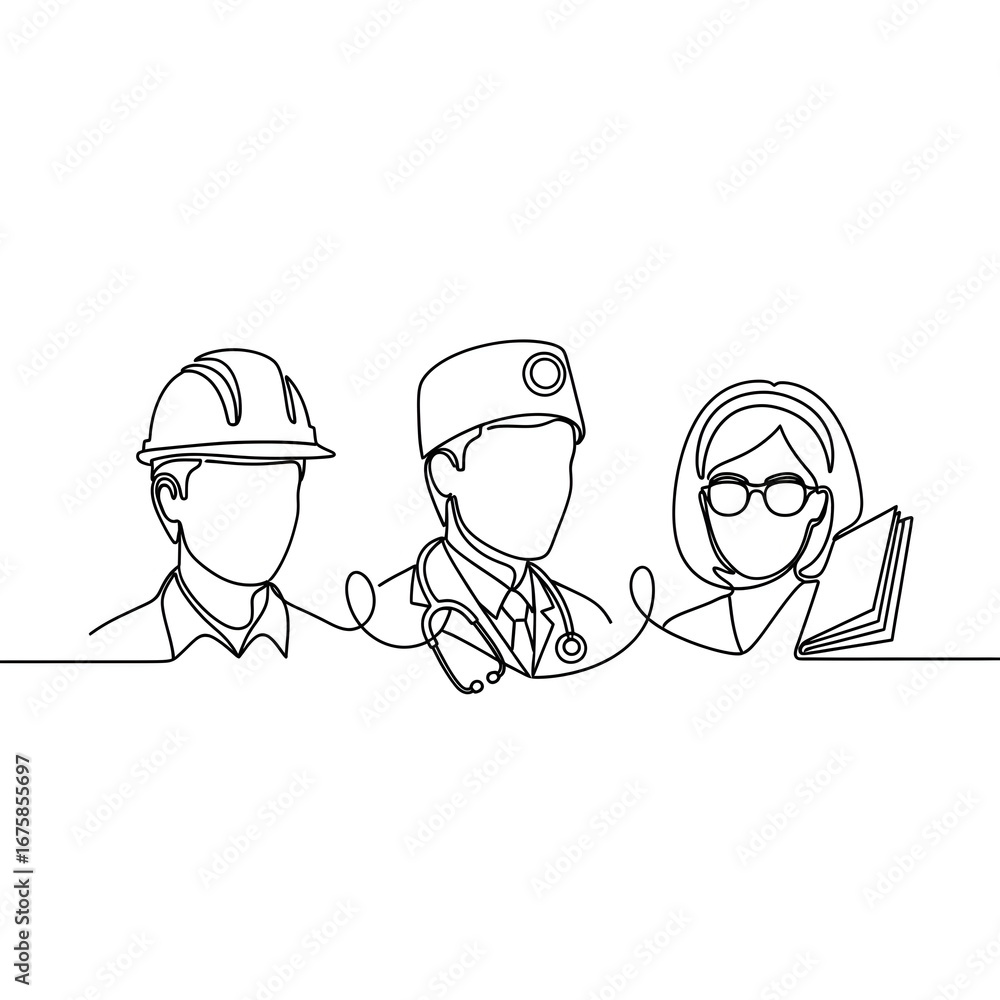 Fototapeta premium Essential workers line art drawing showcases teamwork and dedication for your next project