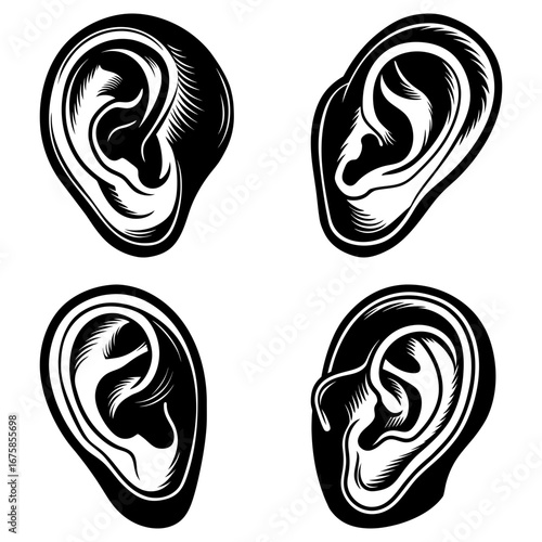 Four stylized black and white illustrations of human ears arranged on a white background design element