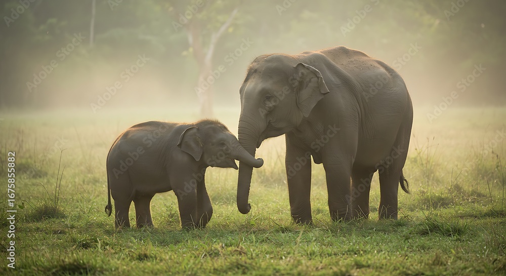 Fototapeta premium Two elephants, a mother and calf, interact gently in a grassy meadow bathed in soft morning light.