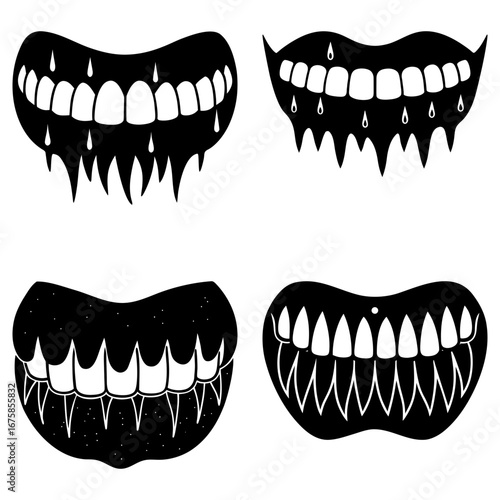 Four stylized monster mouths with sharp teeth and dripping saliva in black and white illustration