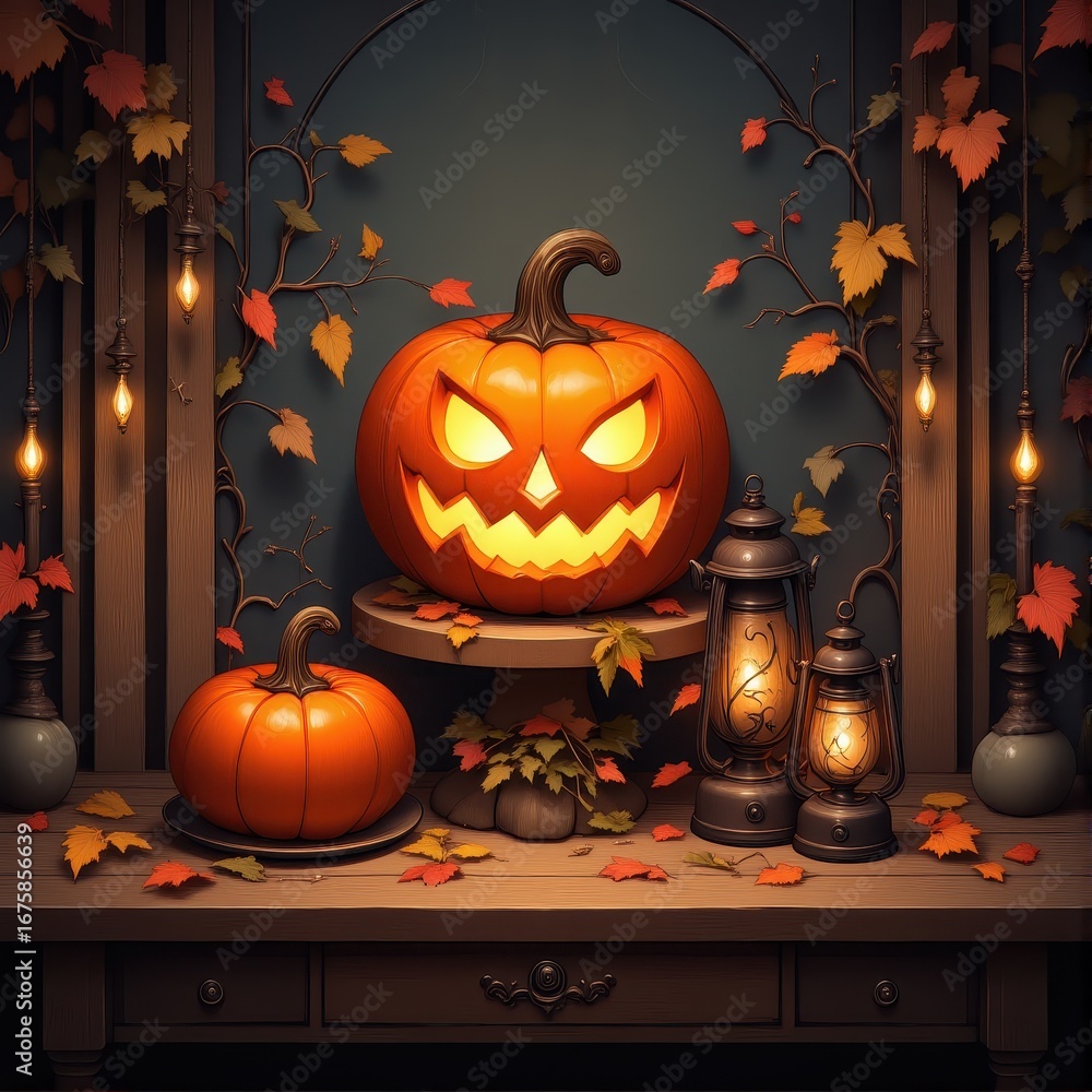 Obraz premium Rustic Halloween Scene With Lantern And Pumpkin