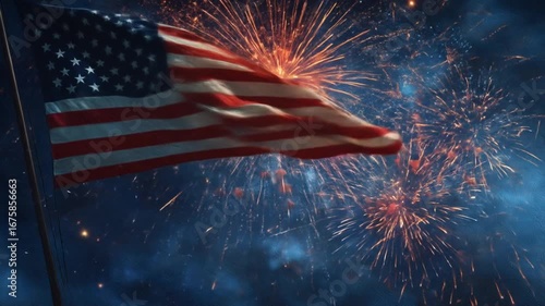 Majestic American flag billows against a vibrant backdrop of dazzling fireworks, symbolizing patriotism and celebration.