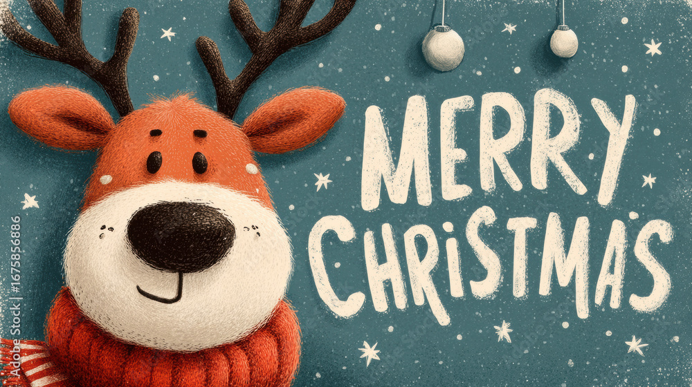 Fototapeta premium Festive Christmas plush reindeer with cozy scarf, cheerful holiday decoration, adorable winter scene, seasonal ornament, perfect for celebration decor