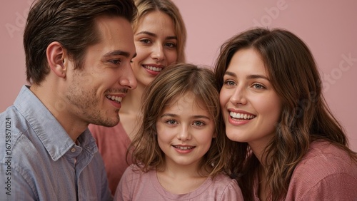 Happy smiling family posing together in studio with pink background, young parents and children enjoying quality time and togetherness