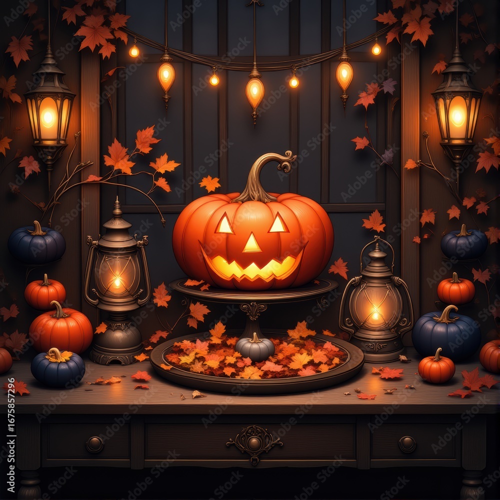 Obraz premium Rustic Halloween Scene With Lantern And Pumpkin