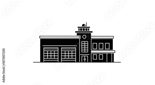 Modern Fire Station Building with Multiple Bays and Tower.