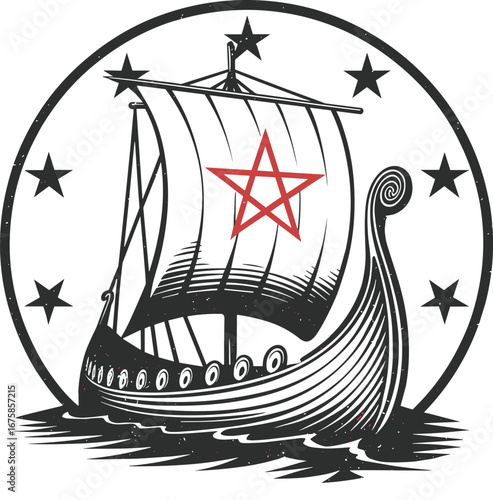 Viking Ship with Pentagram, Viking culture, mystical themes, and dark fantasy.