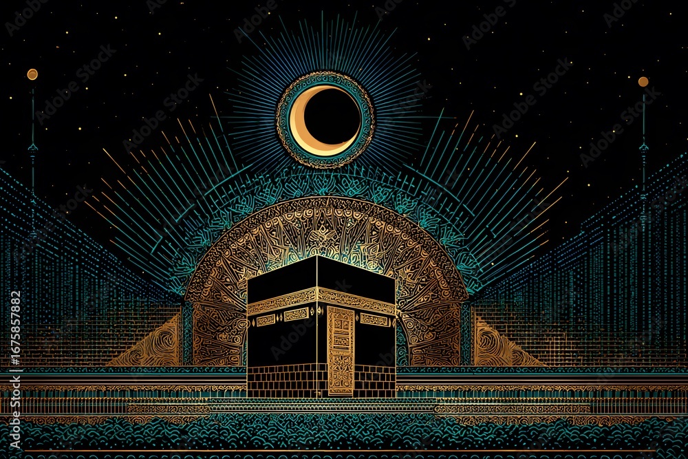 Obraz premium Vector of the Kaaba with a crescent moon above, modern Islamic art style, bold color palette (black, gold, and turquoise)