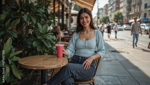 Smiling woman enjoying berry smoothie at outdoor cafe table on sunny urban street surrounded by greenery
