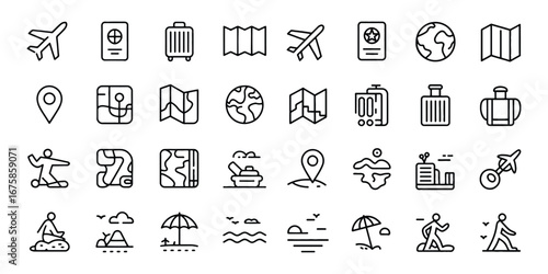 Travel Outline Icon Set. travel, types of tourism, tourist transport and more. Editable stroke. Vector Modern Illustration. Editable Stroke.