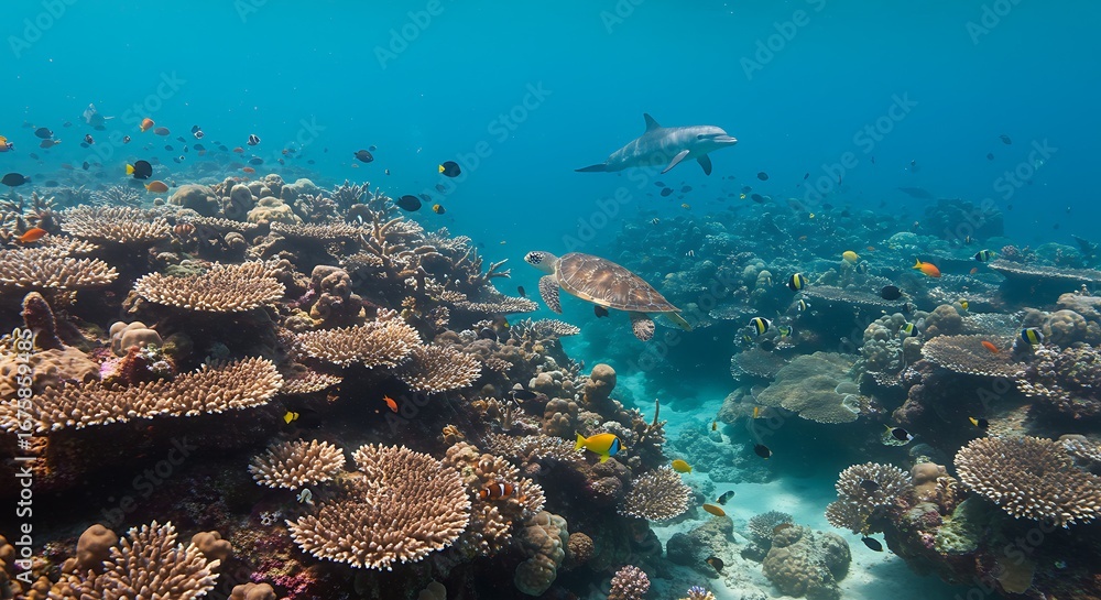 Obraz premium A vibrant coral reef teeming with marine life, including a sea turtle and dolphin, showcases the breathtaking beauty of the underwater world.