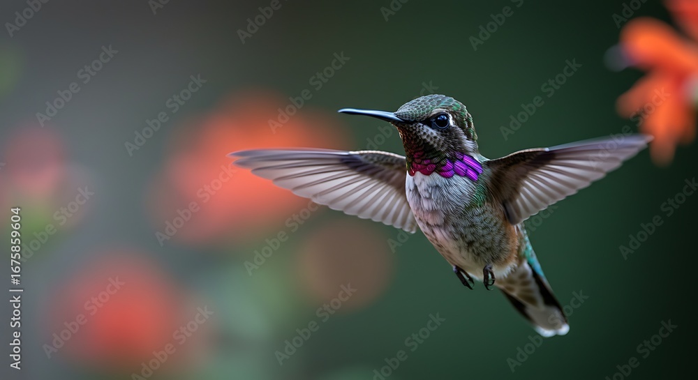 Fototapeta premium A stunning hummingbird in flight, showcasing vibrant colors and intricate details against a blurred background of orange flowers.