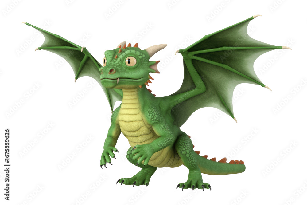 Obraz premium A cute, cartoonish green dragon with large wings, standing on all fours against a transparent background. background removed