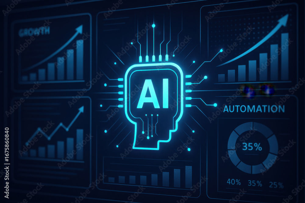 Fototapeta premium Artificial intelligence concept with glowing head icon and data charts showing growth