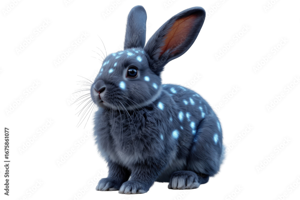 Obraz premium A cute grey rabbit with glowing spots on its fur, sitting against a transparent background. background removed