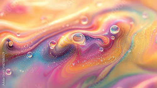 Abstract Swirls of Pastel Colors with Water Droplets, Macro Photography, Dreamy and Ethereal