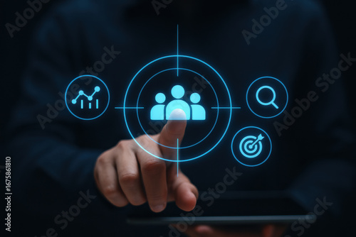 Customer targeting concept with hand pointing on digital screen