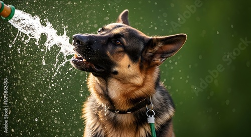 German shepherd dog drinking water from a hose in a sunny outdoor setting