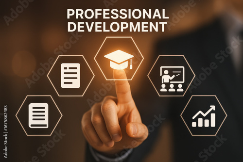 Professional development concept with hand pointing at education icon on virtual screen
