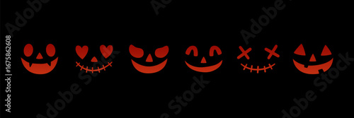 Halloween Pumpkin Faces with Creepy and Funny Expressions in Orange on Black Background Scary Jack O Lantern Set for Seasonal Decoration Party Invitation Sticker and Print Design