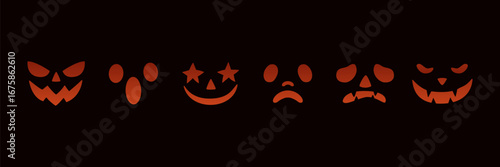 Set of Spooky Pumpkin Faces in Bright Orange on Black Background Creepy and Funny Jack O Lantern Expressions for Halloween Party Decoration Seasonal Vector Illustration Stickers and Print Design