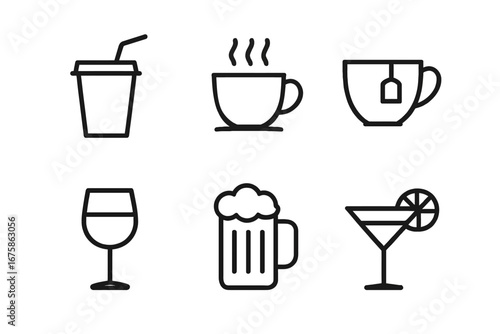 Drink Icons Set Beverage Symbols Coffee Tea Wine Beer Cocktail Vector
