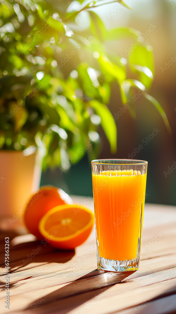 Fototapeta premium A refreshing glass of orange juice beside fresh oranges and lush green leaves, perfect for morning revitalization.