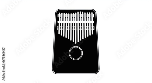Black Kalimba Thumb Piano with Silver Metal Tines and Central Sound Hole.