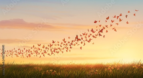 A breathtaking vista of a field at sunset, filled with a multitude of butterflies taking flight, creating a mesmerizing scene of freedom and beauty.