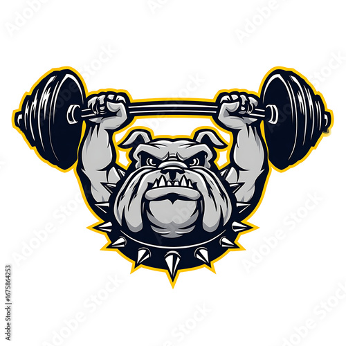 Strong Bulldog Mascot Logo Illustration Lifting Barbell with Spiked Collar 