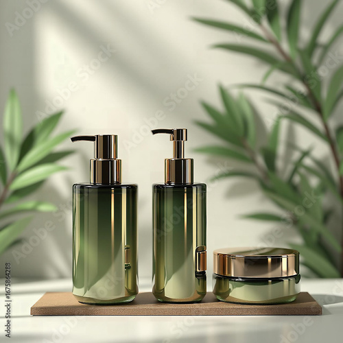 Luxury Skincare Set in Green and Gold with Plants
