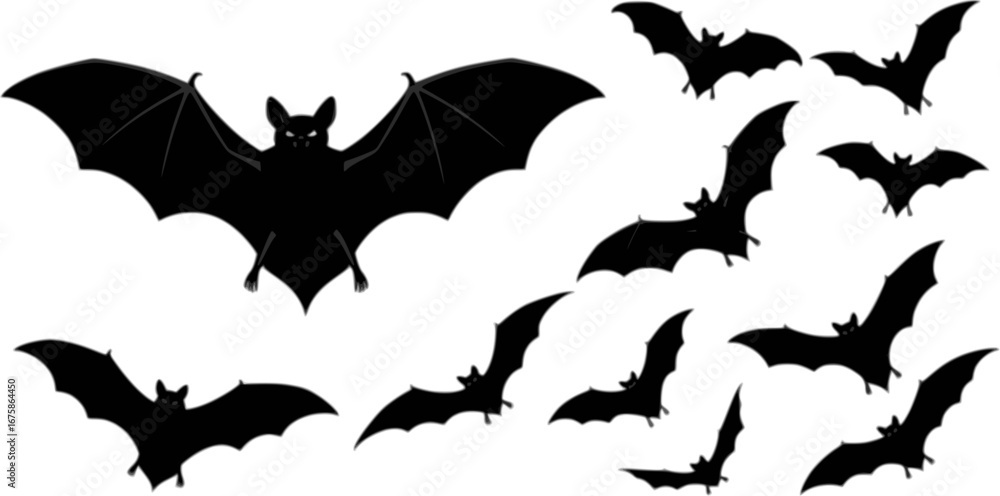 Fototapeta premium Halloween bat and bats silhouette, Bat icon, set of halloween bats vector illustration on a white background 