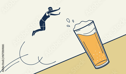 Minimalist collage art. a mini Diver mid-air above foamy beer glass with surreal energy. Concept of beverage marketing, nightlife advertising, travel lifestyle promotion, and creative branding.