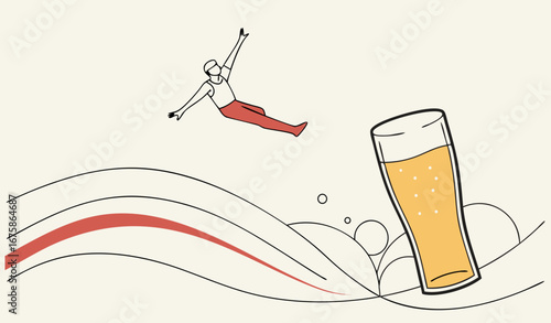 Minimalist collage art. a mini Diver mid-air above foamy beer glass with surreal energy. Concept of beverage marketing, nightlife advertising, travel lifestyle promotion, and creative branding.