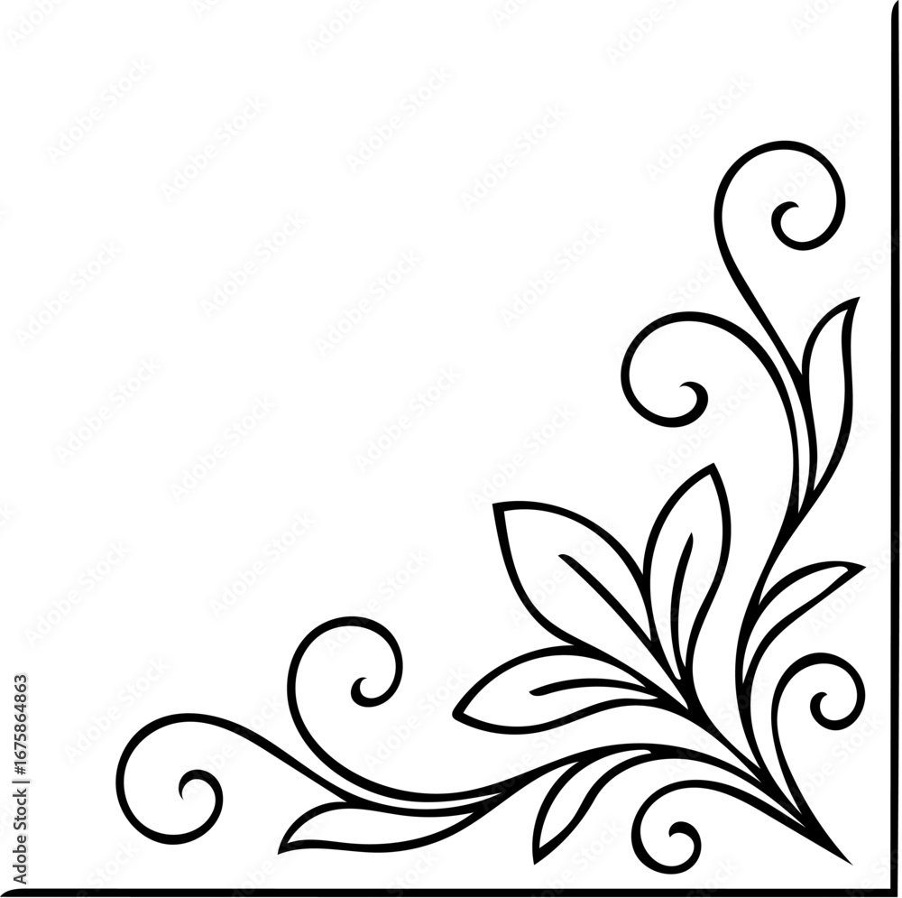 Fototapeta premium Floral Corner Ornament Vector – Elegant Black and White Decorative Border Design 