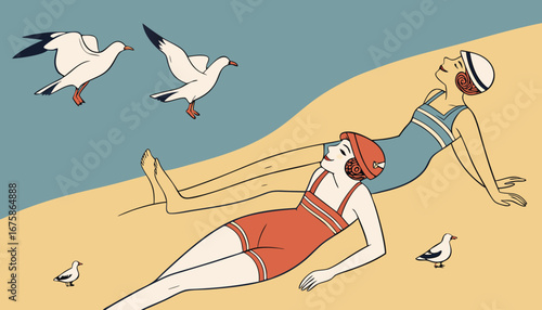Beautiful young girls in swimming cap and swimsuits lying on beach with seagull against blue sky background. Contemporary art. Concept of summer, vacation, relaxation. Retro style. Creative design