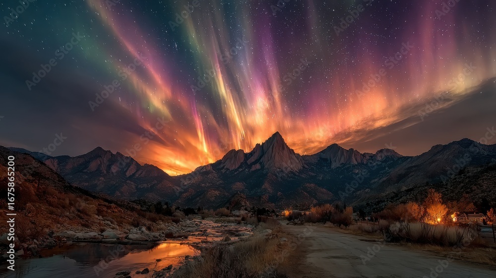 Fototapeta premium Abstract astronomical phenomenon with X-shaped auroras creating ethereal fractures in the night sky.