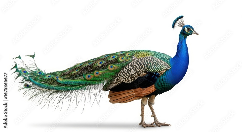 Fototapeta premium A vibrant peacock displaying its iridescent plumage, isolated on white background, a stunning bird