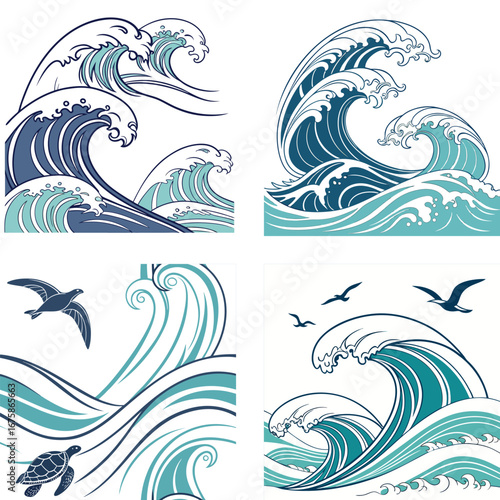 Four nautical themed illustrations featuring stylized ocean waves, seabirds, and a sea turtle