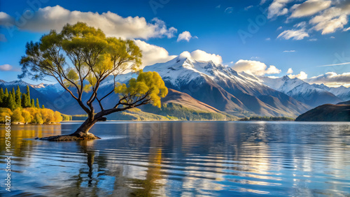 wanaka tree lake wanaka with the snow capped peak