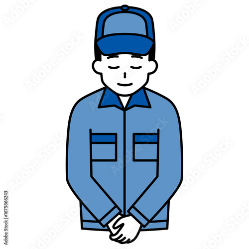 お辞儀をするつなぎ作業服の男性
