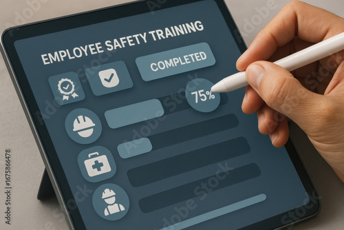 Employee safety training progress shown on digital tablet with stylus pen in hand