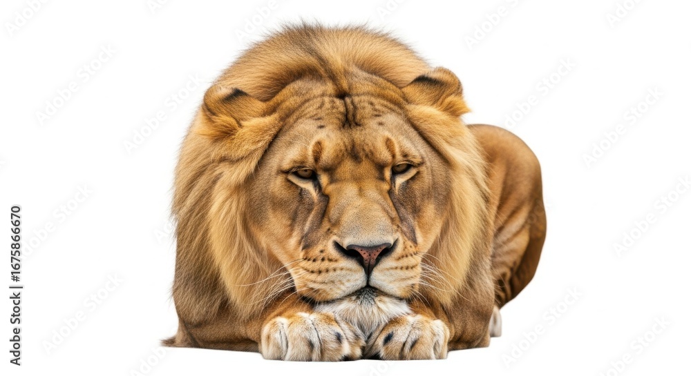 Fototapeta premium Majestic lion resting isolated on white background, showcasing its beauty and power
