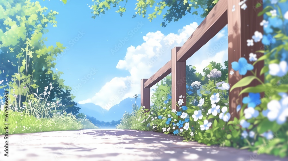 Fototapeta premium Serene Summer Path with Blooming Flowers and Blue Sky