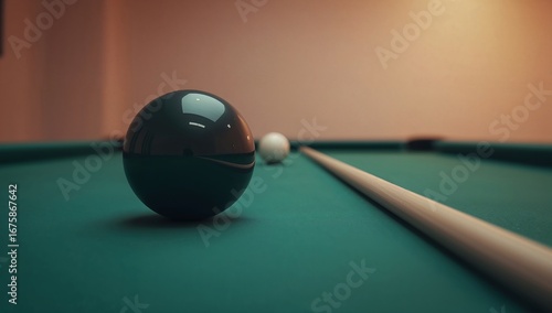 Close-up of a black pool ball positioned on a pool table, ready for a cue shot.