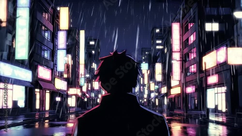 Silhouette Of Person Standing In A Rainy Night City Street Lit With Neon Signs And Reflections